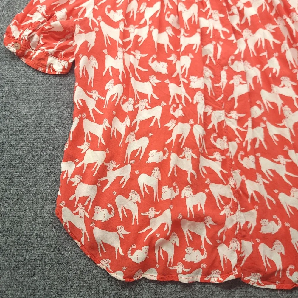 Anthropologie Emily Isabella Poodle Print Blouse Red White Short Sleeve M